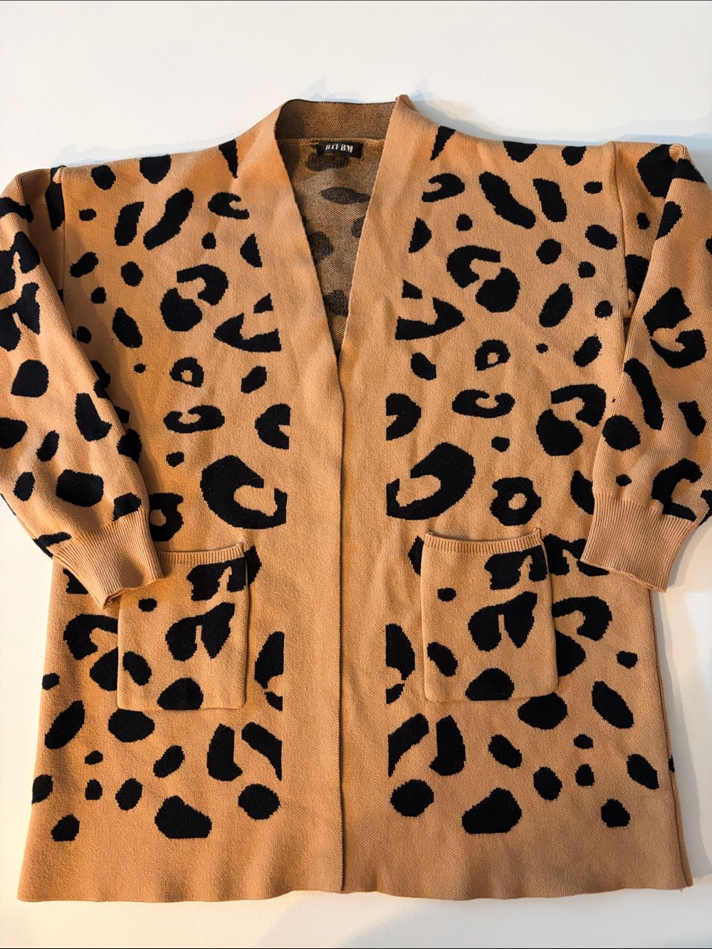 BTFBM WOMENS TAN BLACK LEOPARD PRINT OPEN FRINT LONG CARDIGAN SWEATER SIZE LARGE